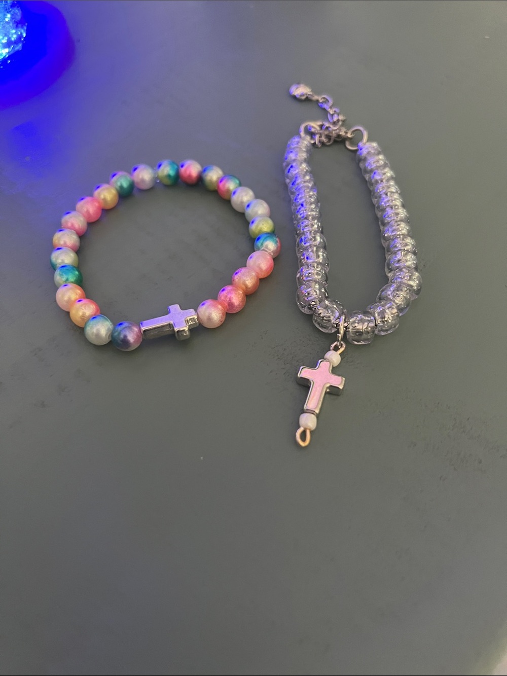 Rainbow Bead Cross Bracelet Set - Multicolor & Silver handmade
